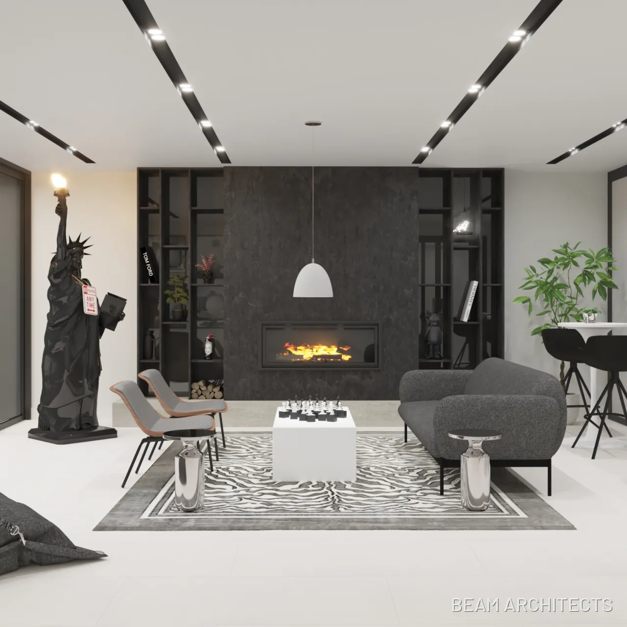 Contemporary residential lounge with a black stone fireplace, zebra-print rug, and a large black statue of Liberty sculpture