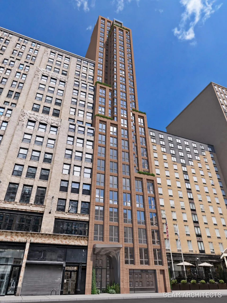 Architectural rendering of the proposed multifamily tower at 228 West 29th Street in Chelsea, Manhattan.