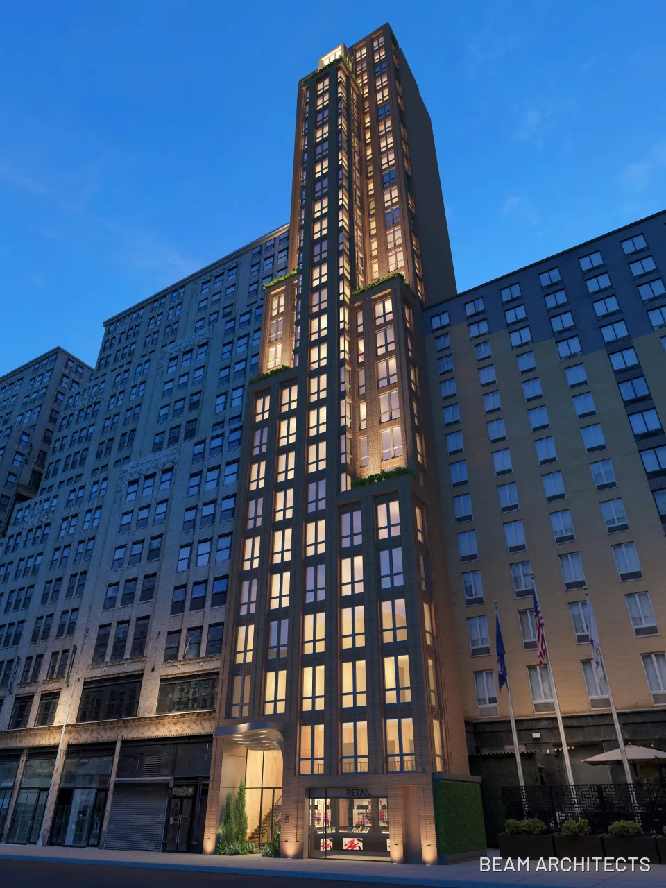 Evening architectural rendering of the proposed residential tower at 228 West 29th Street in Chelsea.