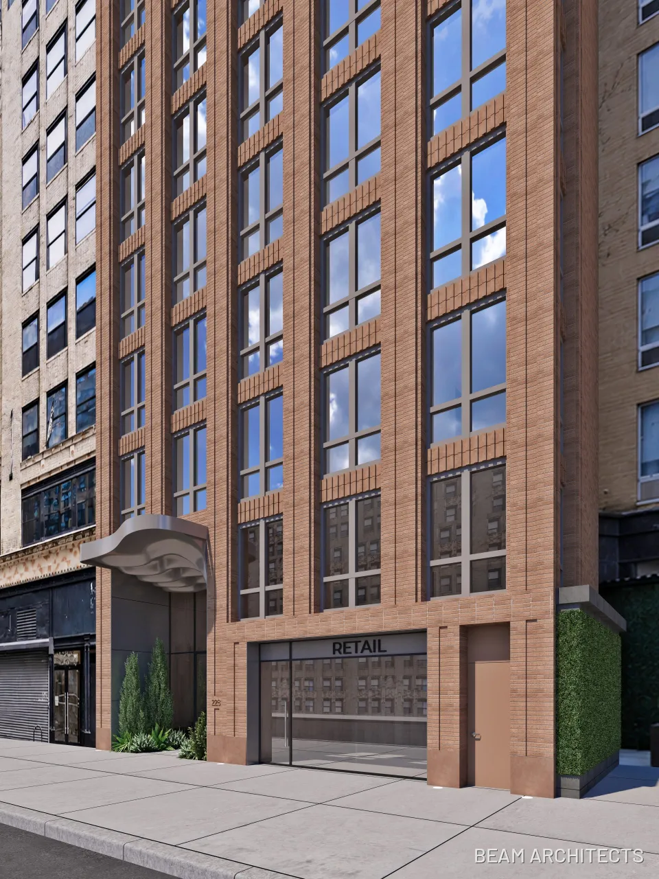 Architectural rendering of the entrance and street-level facade at 228 West 29th Street.