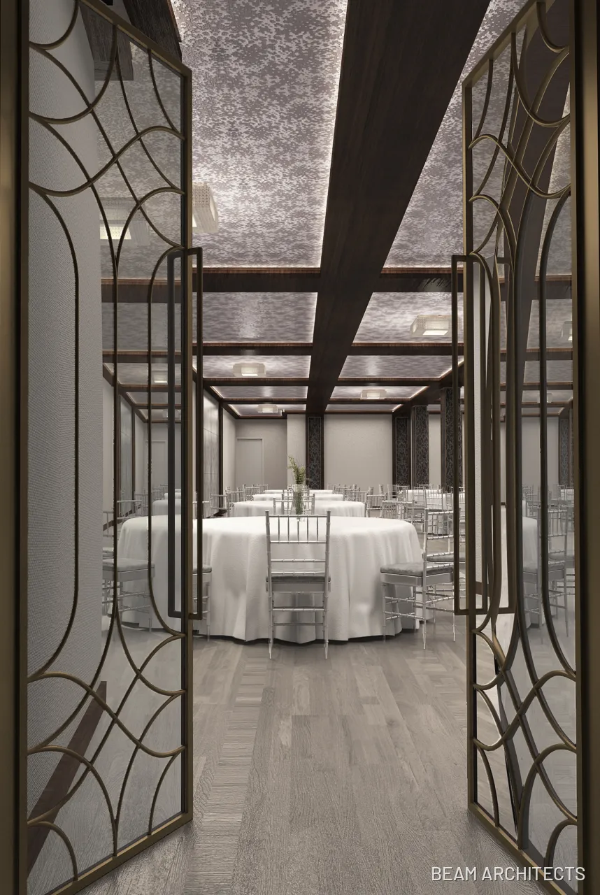 Rendering through decorative metal doors into the dining room at Krasna Hall